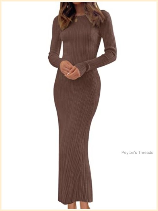 Dresses & Skirts - Ribbed Knit Long Sleeve Bodycon Maxi Sweater Dress Slim Fit Winter